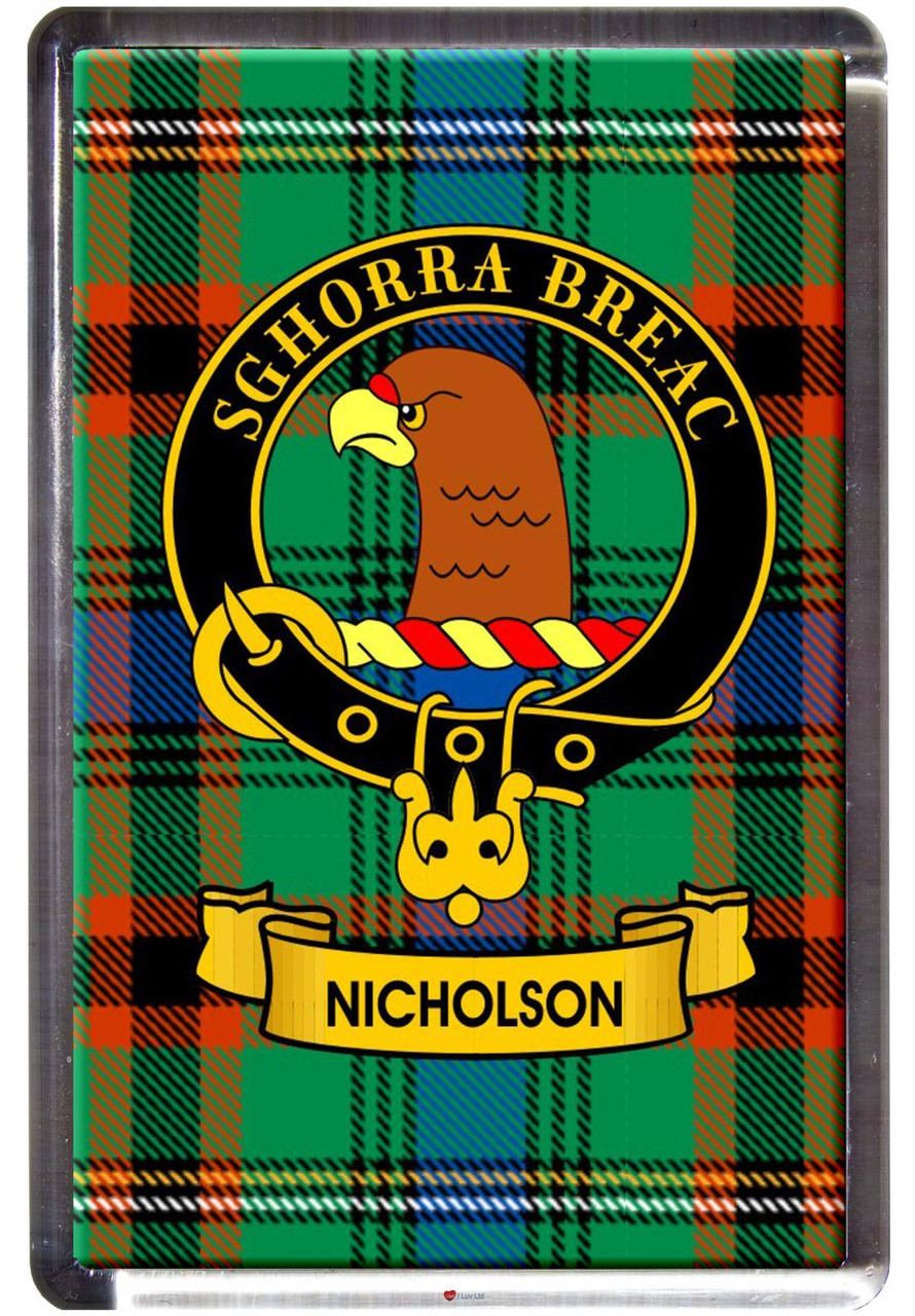 Nicholson Clan Tartan Fridge Magnet with Scottish Clan Crest on Clear Acrylic Rectangular Base
