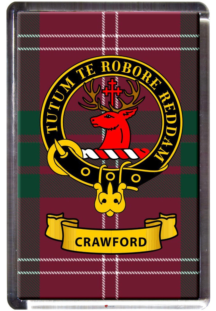 Crawford Clan Tartan Fridge Magnet with Scottish Clan Crest on Clear Acrylic Rectangular Base