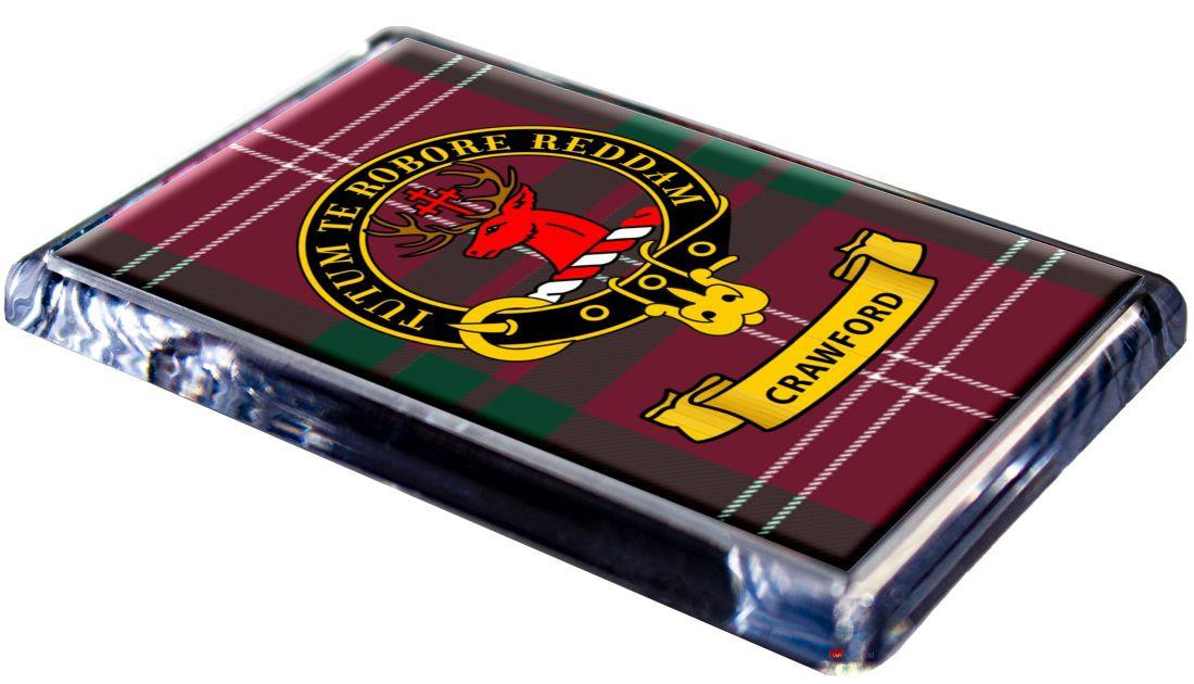 Crawford Clan Tartan Fridge Magnet with Scottish Clan Crest on Clear Acrylic Rectangular Base