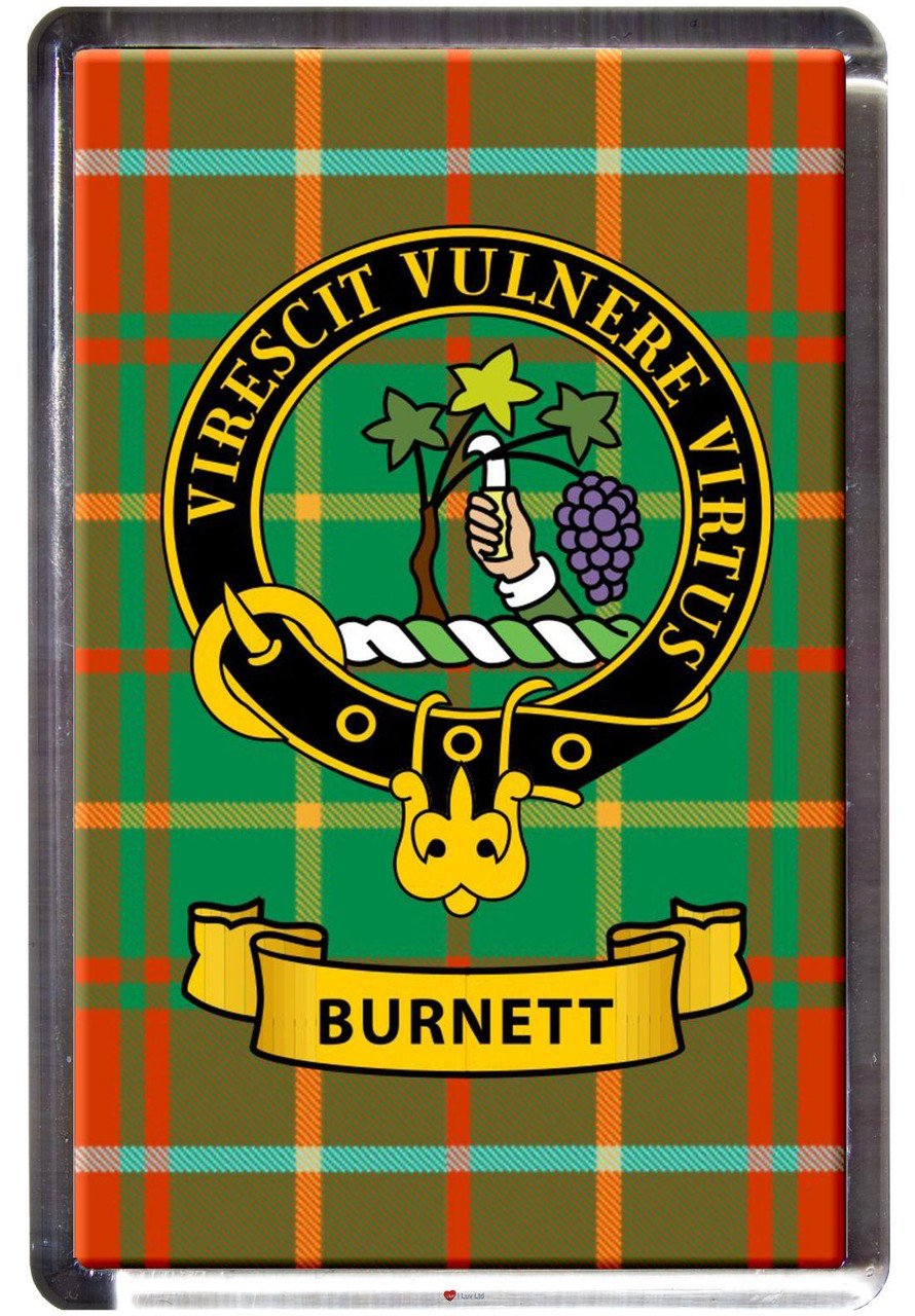 Burnett Clan Tartan Fridge Magnet with Scottish Clan Crest on Clear Acrylic Rectangular Base