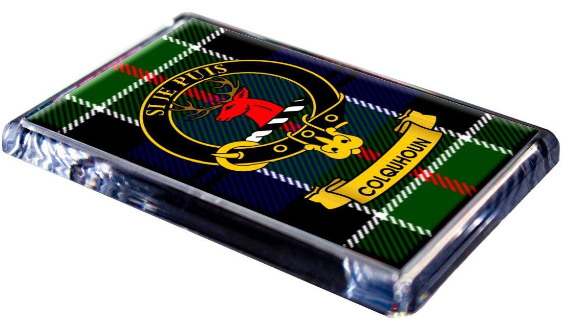 Colquhoun Clan Tartan Fridge Magnet with Scottish Clan Crest on Clear Acrylic Rectangular Base