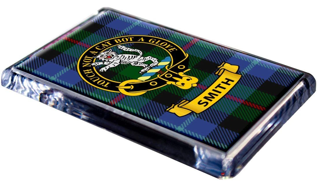 Smith Clan Tartan Fridge Magnet with Scottish Clan Crest on Clear Acrylic Rectangular Base