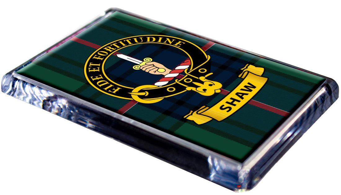 Shaw Clan Tartan Fridge Magnet with Scottish Clan Crest on Clear Acrylic Rectangular Base