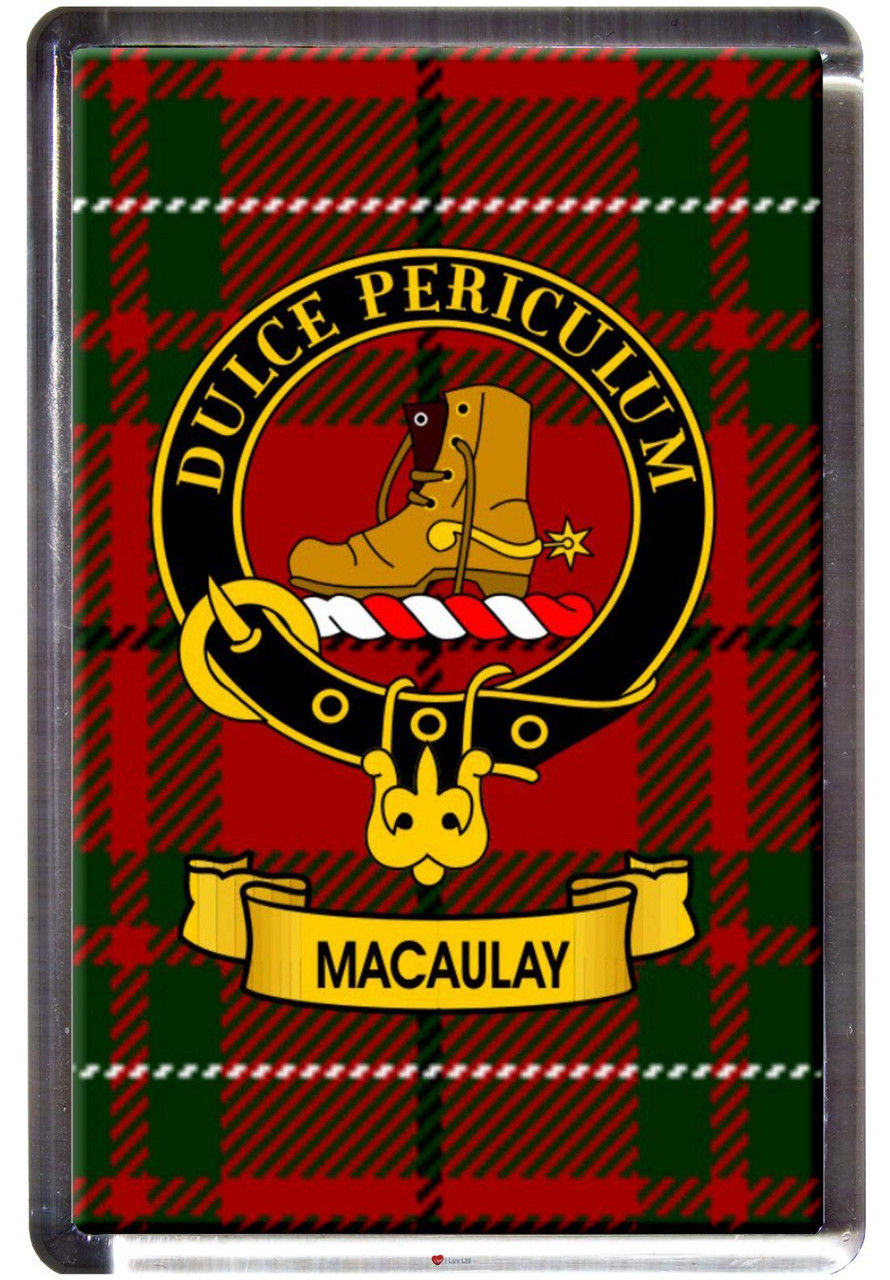 MacAulay Clan Tartan Fridge Magnet with Scottish Clan Crest on Clear Acrylic Rectangular Base