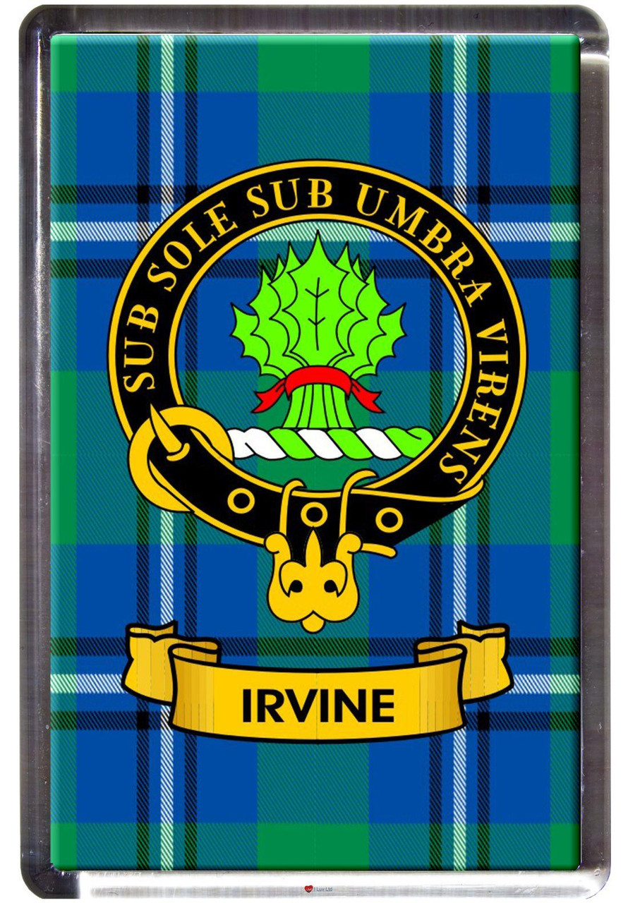 Irvine Clan Tartan Fridge Magnet with Scottish Clan Crest on Clear Acrylic Rectangular Base