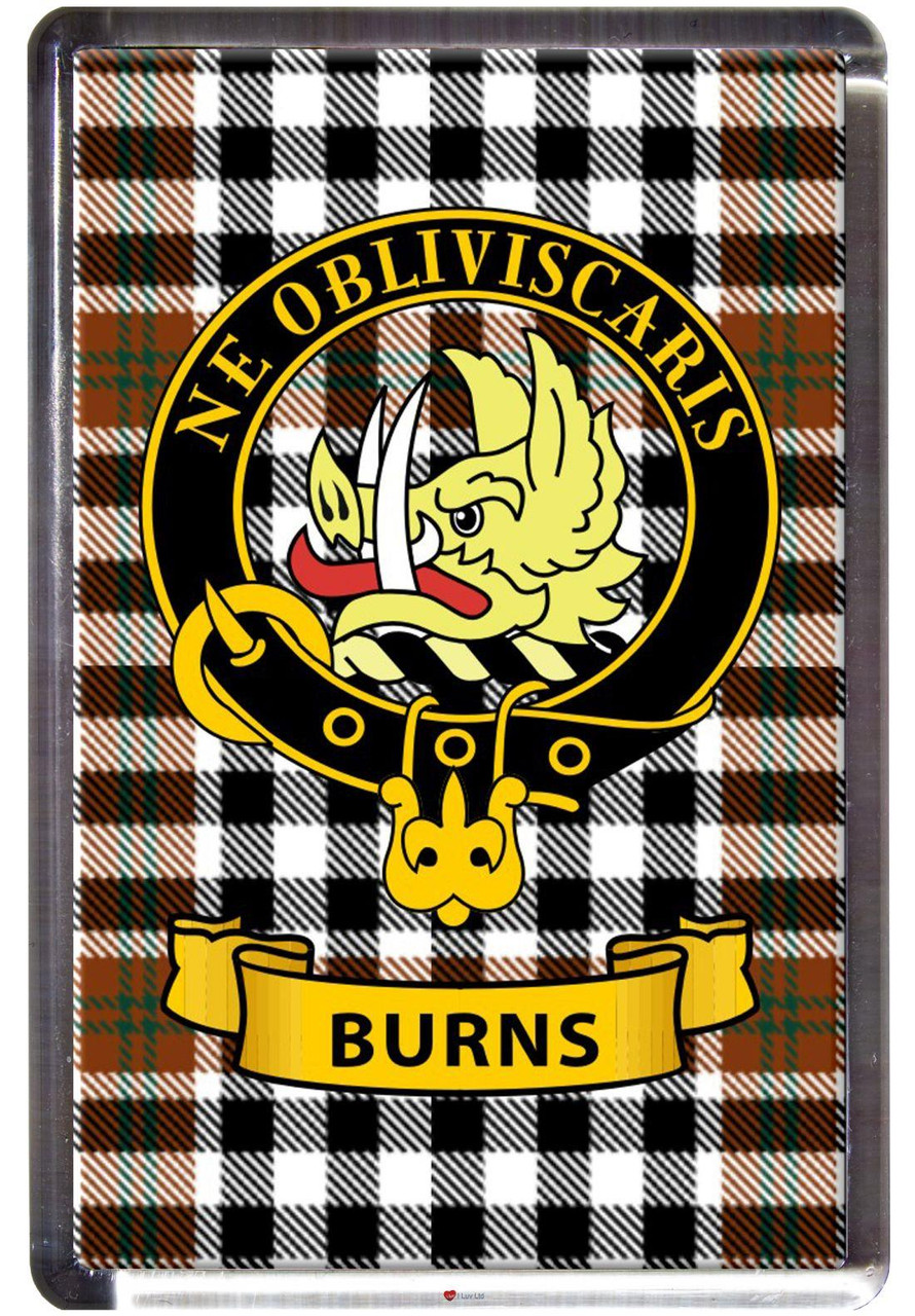 Burns Clan Tartan Fridge Magnet with Scottish Clan Crest on Clear Acrylic Rectangular Base