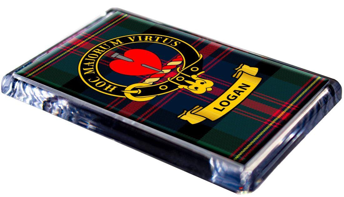Logan Clan Tartan Fridge Magnet with Scottish Clan Crest on Clear Acrylic Rectangular Base