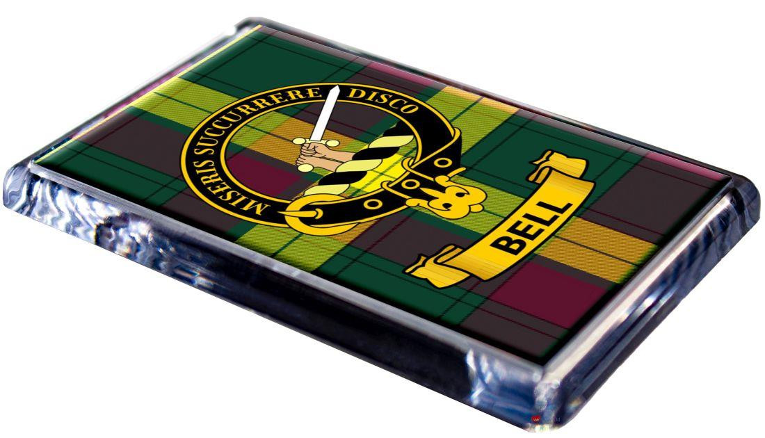 Bell Clan Tartan Fridge Magnet with Scottish Clan Crest on Clear Acrylic Rectangular Base