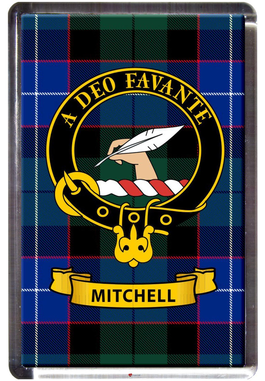Mitchell Clan Tartan Fridge Magnet with Scottish Clan Crest on Clear Acrylic Rectangular Base