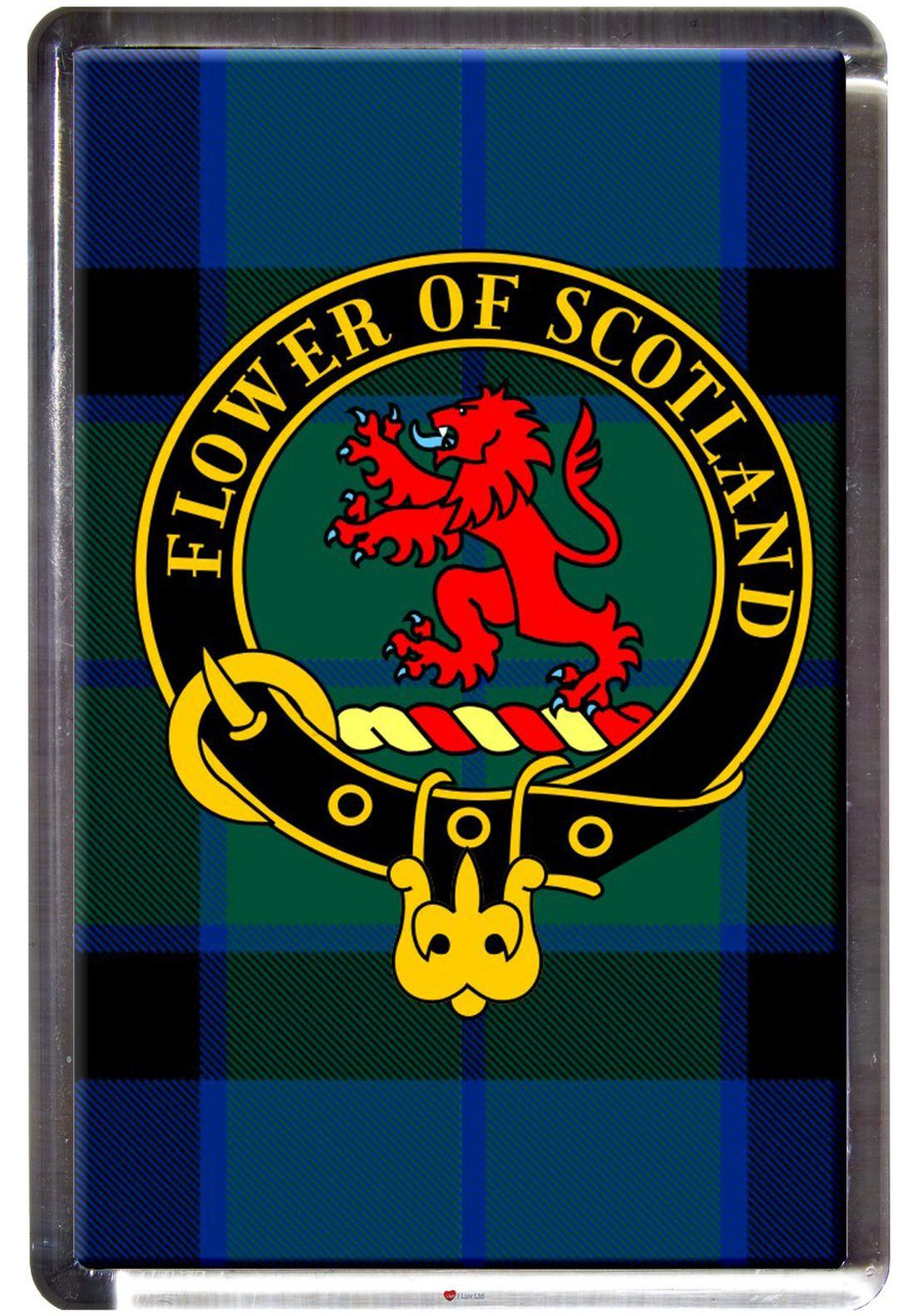 Flower of Scotland Clan Tartan Fridge Magnet with Scottish Clan Crest on Clear Acrylic Rectangular Base