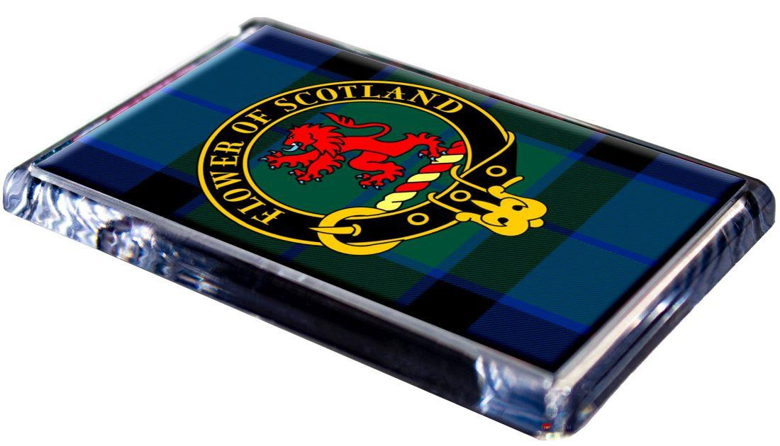 Flower of Scotland Clan Tartan Fridge Magnet with Scottish Clan Crest on Clear Acrylic Rectangular Base