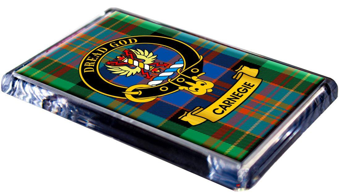 Carnegie Clan Tartan Fridge Magnet with Scottish Clan Crest on Clear Acrylic Rectangular Base