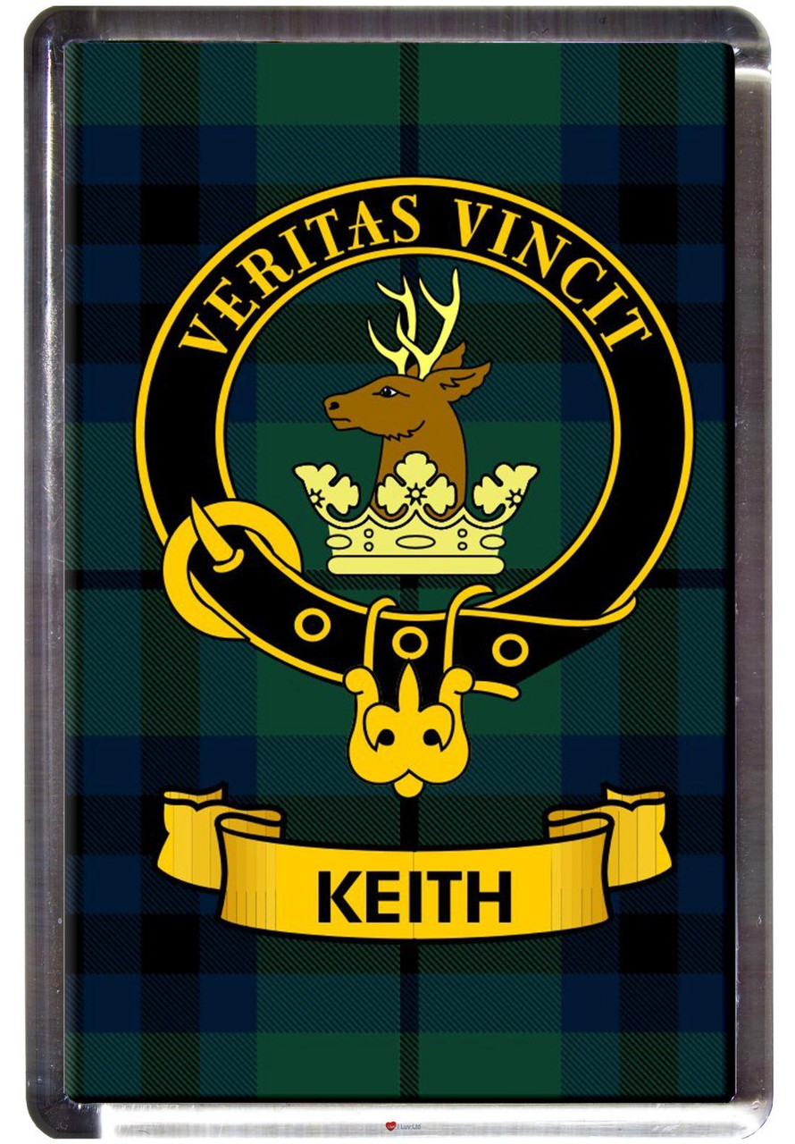 Keith Clan Tartan Fridge Magnet with Scottish Clan Crest on Clear Acrylic Rectangular Base