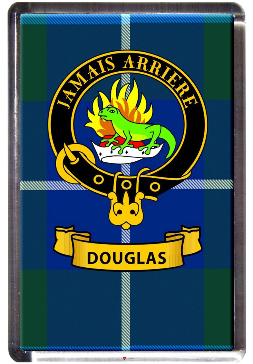 Douglas Clan Tartan Fridge Magnet with Scottish Clan Crest on Clear Acrylic Rectangular Base