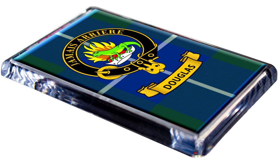 Douglas Clan Tartan Fridge Magnet with Scottish Clan Crest on Clear Acrylic Rectangular Base