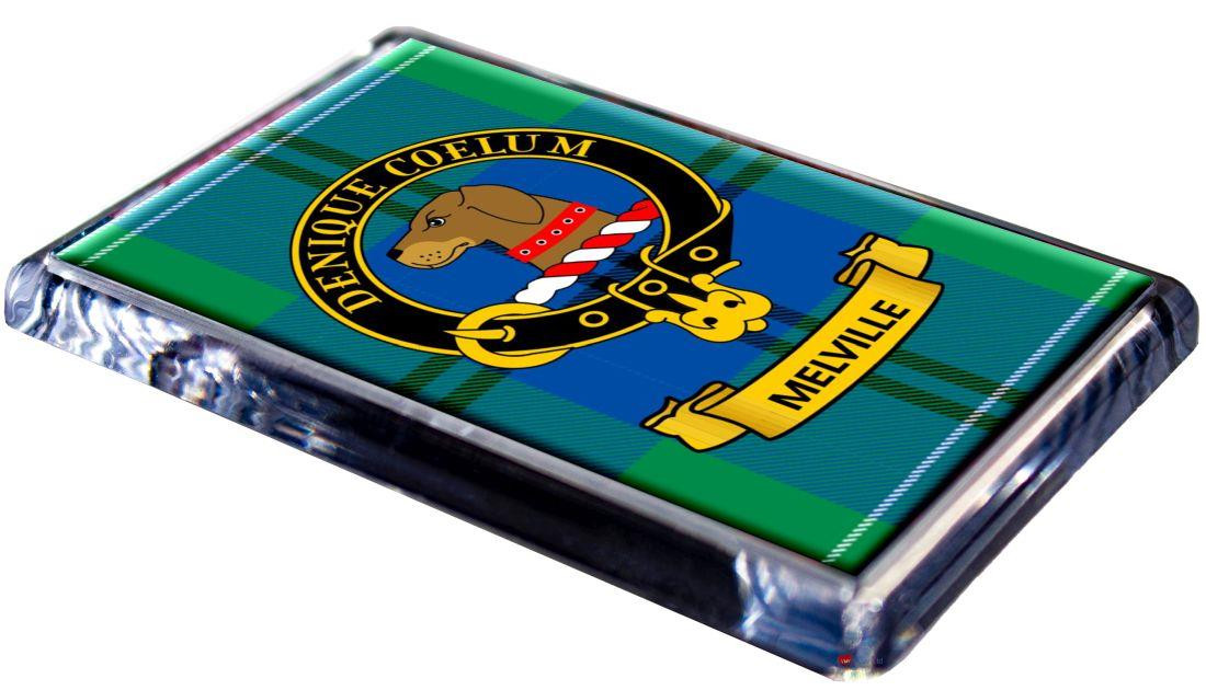 Melville Clan Tartan Fridge Magnet with Scottish Clan Crest on Clear Acrylic Rectangular Base