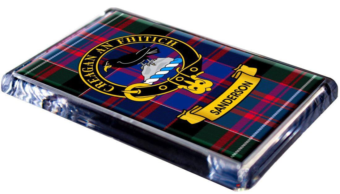 Sanderson Clan Tartan Fridge Magnet with Scottish Clan Crest on Clear Acrylic Rectangular Base