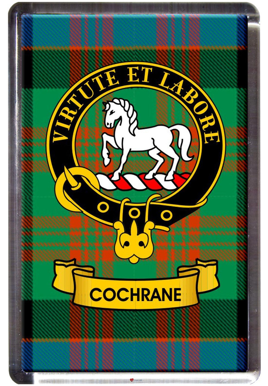 Cochrane Clan Tartan Fridge Magnet with Scottish Clan Crest on Clear Acrylic Rectangular Base