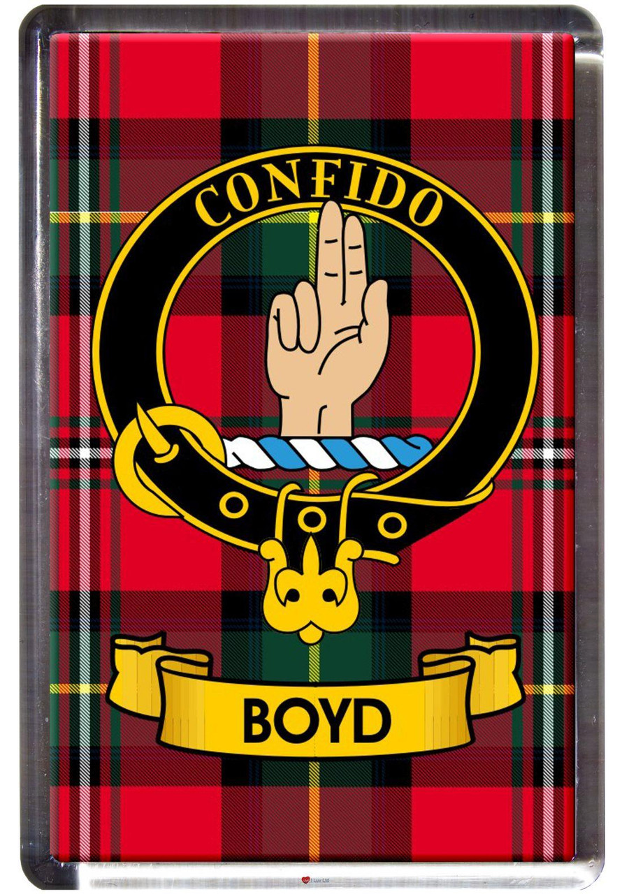 Boyd Clan Tartan Fridge Magnet with Scottish Clan Crest on Clear Acrylic Rectangular Base