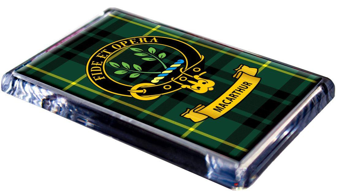 MacArthur Clan Tartan Fridge Magnet with Scottish Clan Crest on Clear Acrylic Rectangular Base