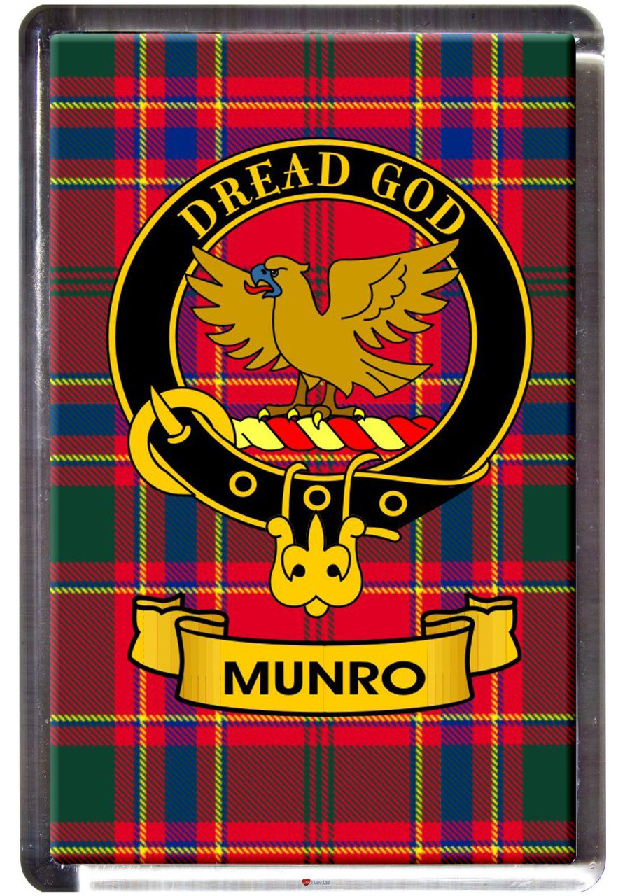 Munro Clan Tartan Fridge Magnet with Scottish Clan Crest on Clear Acrylic Rectangular Base