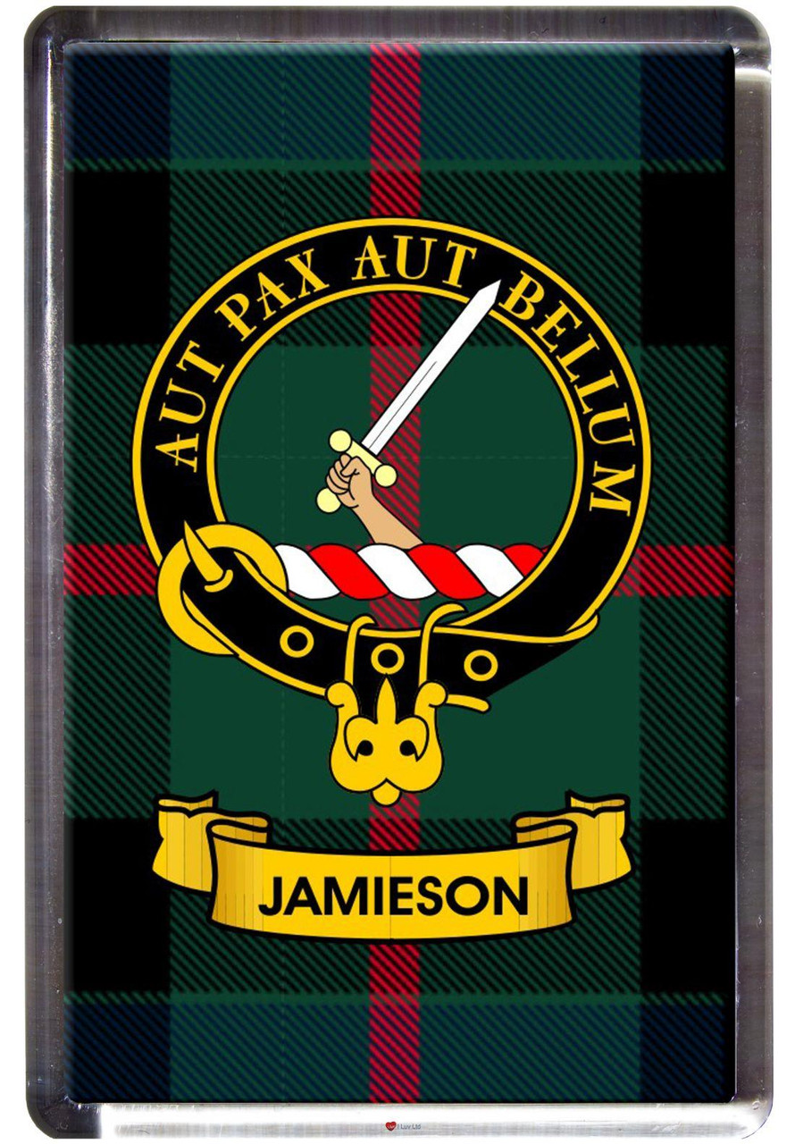 Jamieson Clan Tartan Fridge Magnet with Scottish Clan Crest on Clear Acrylic Rectangular Base