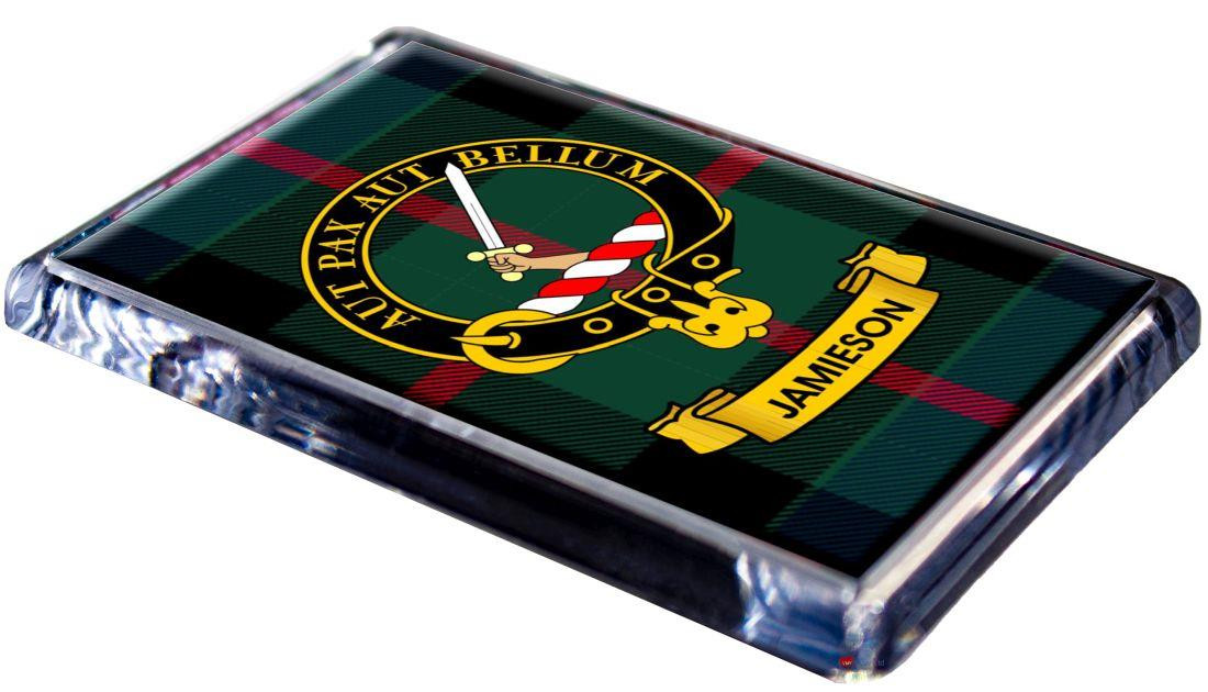 Jamieson Clan Tartan Fridge Magnet with Scottish Clan Crest on Clear Acrylic Rectangular Base