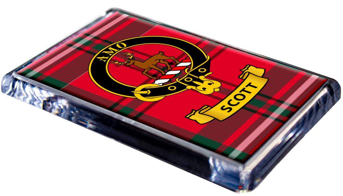 Scott Clan Tartan Fridge Magnet with Scottish Clan Crest on Clear Acrylic Rectangular Base