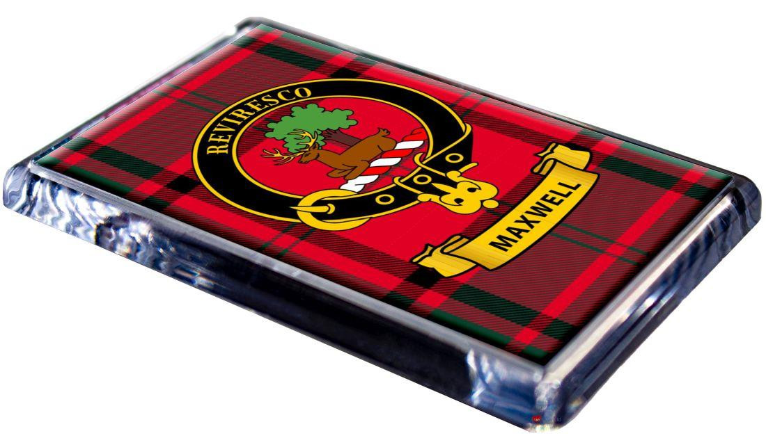 Maxwell Clan Tartan Fridge Magnet with Scottish Clan Crest on Clear Acrylic Rectangular Base