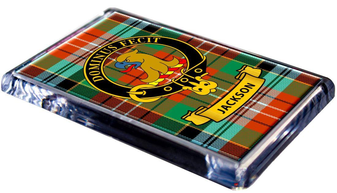 Jackson Clan Tartan Fridge Magnet with Scottish Clan Crest on Clear Acrylic Rectangular Base