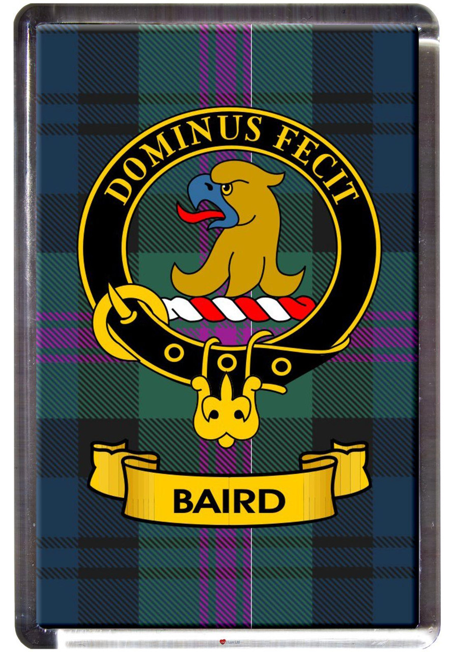 Baird Clan Tartan Fridge Magnet with Scottish Clan Crest on Clear Acrylic Rectangular Base