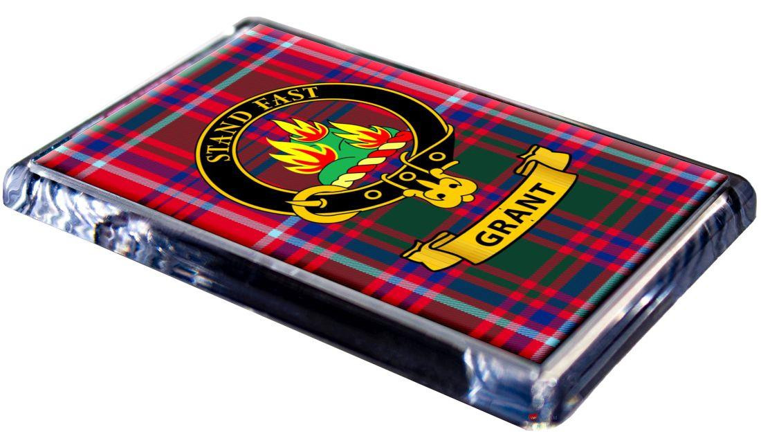 Grant Clan Tartan Fridge Magnet with Scottish Clan Crest on Clear Acrylic Rectangular Base