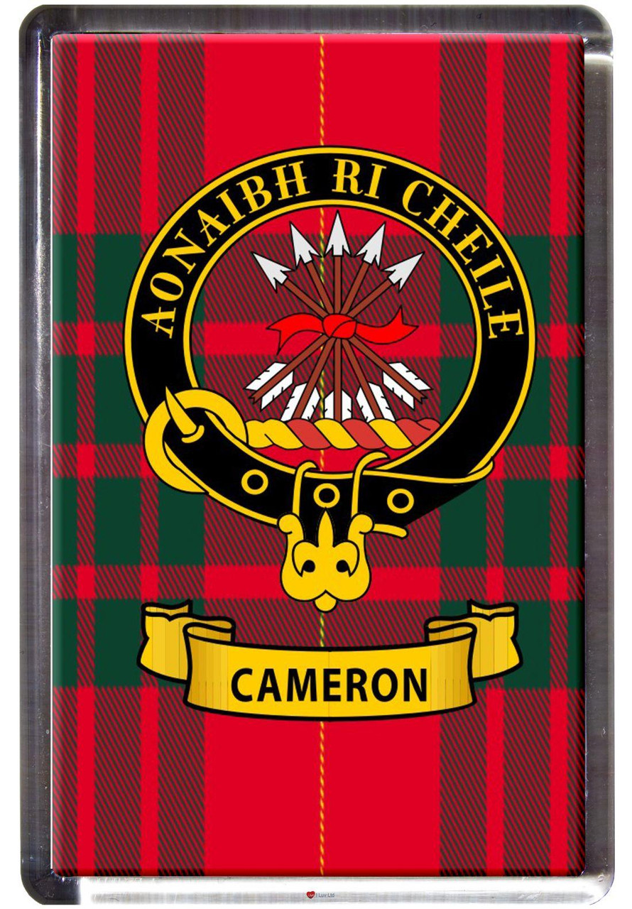 Cameron Clan Tartan Fridge Magnet with Scottish Clan Crest on Clear Acrylic Rectangular Base