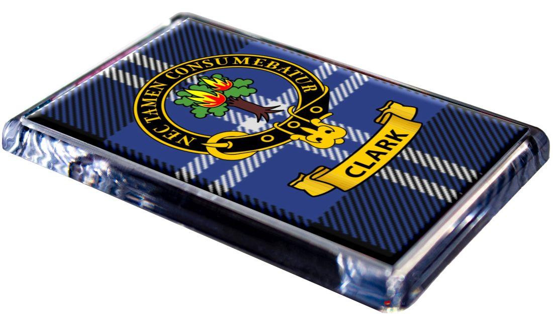 Clark Clan Tartan Fridge Magnet with Scottish Clan Crest on Clear Acrylic Rectangular Base