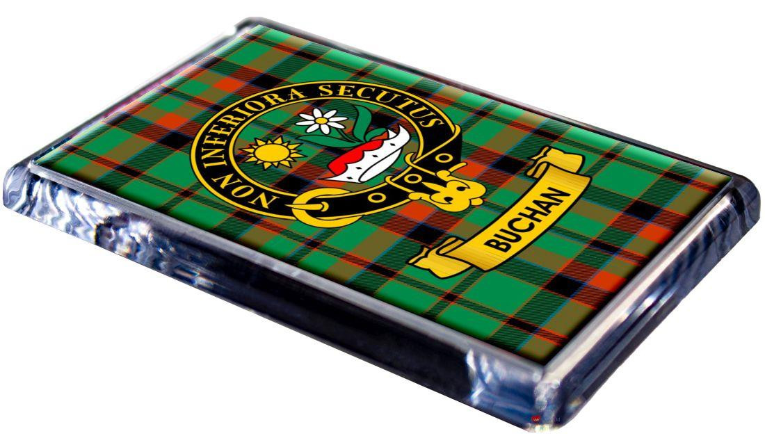 Buchan Clan Tartan Fridge Magnet with Scottish Clan Crest on Clear Acrylic Rectangular Base