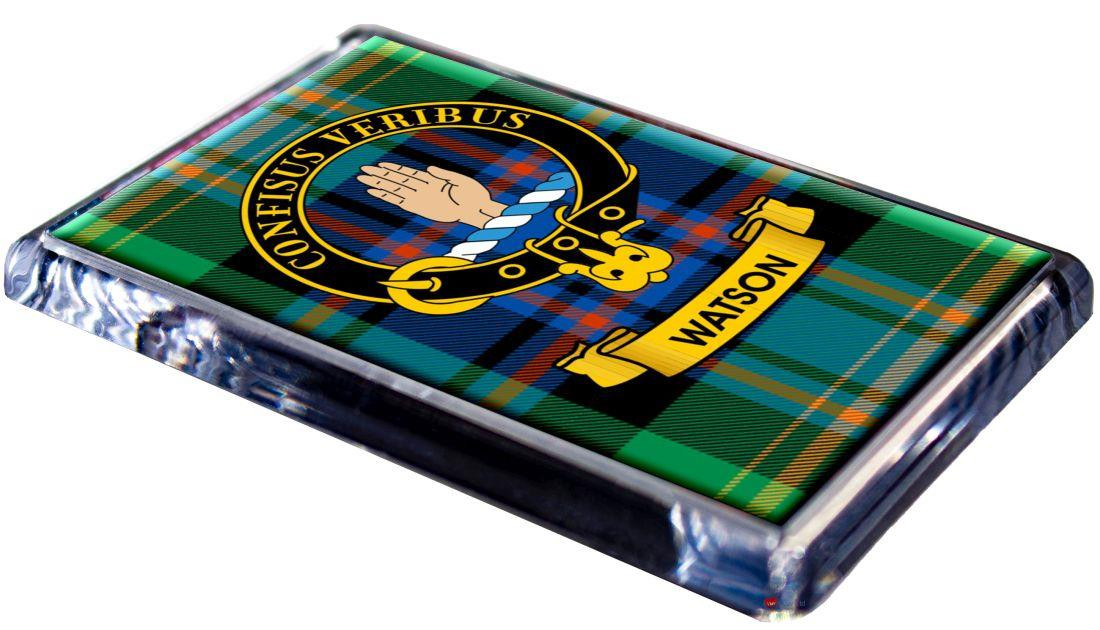 Watson Clan Tartan Fridge Magnet with Scottish Clan Crest on Clear Acrylic Rectangular Base