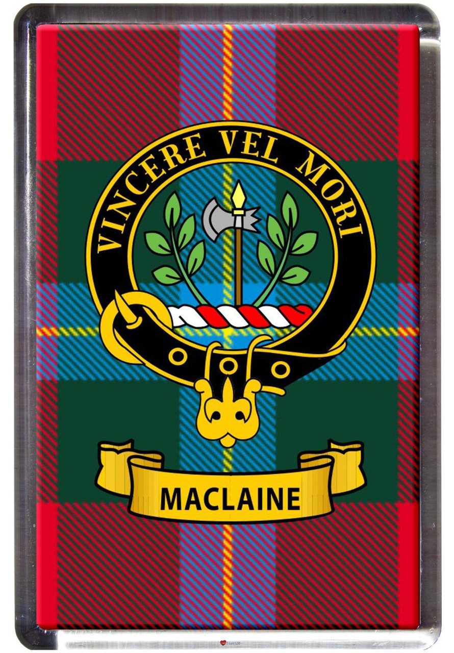 MacLaine Clan Tartan Fridge Magnet with Scottish Clan Crest on Clear Acrylic Rectangular Base