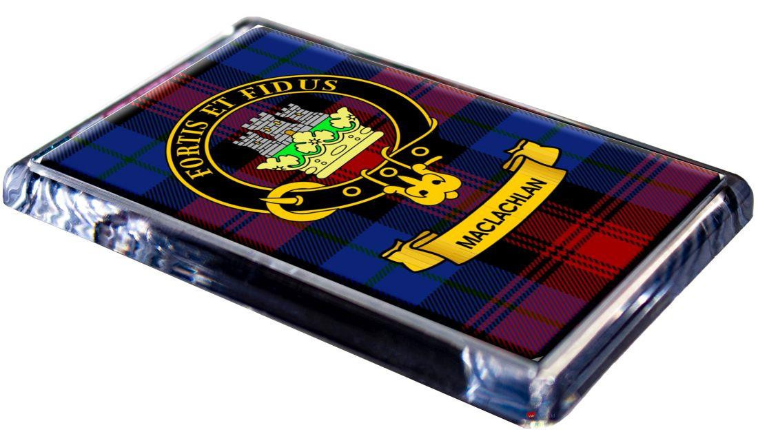 MacLachlan Clan Tartan Fridge Magnet with Scottish Clan Crest on Clear Acrylic Rectangular Base