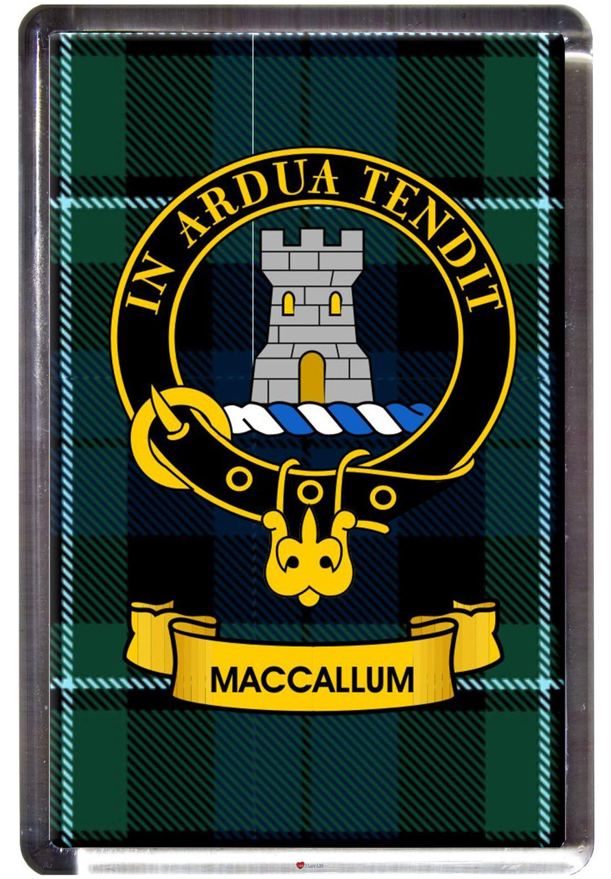MacCallum Clan Tartan Fridge Magnet with Scottish Clan Crest on Clear Acrylic Rectangular Base