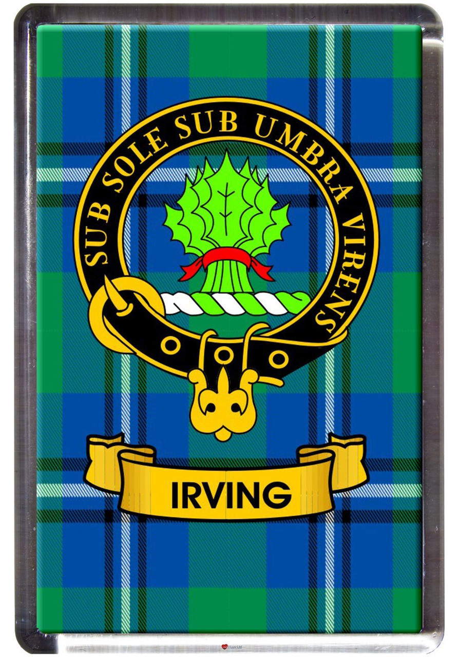 Irving Clan Tartan Fridge Magnet with Scottish Clan Crest on Clear Acrylic Rectangular Base