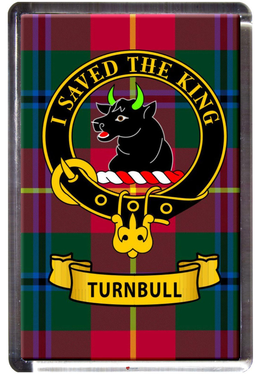 Turnbull Clan Tartan Fridge Magnet with Scottish Clan Crest on Clear Acrylic Rectangular Base