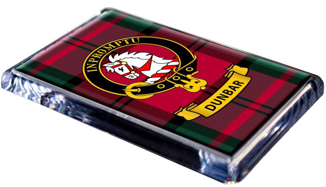 Dunbar Clan Tartan Fridge Magnet with Scottish Clan Crest on Clear Acrylic Rectangular Base