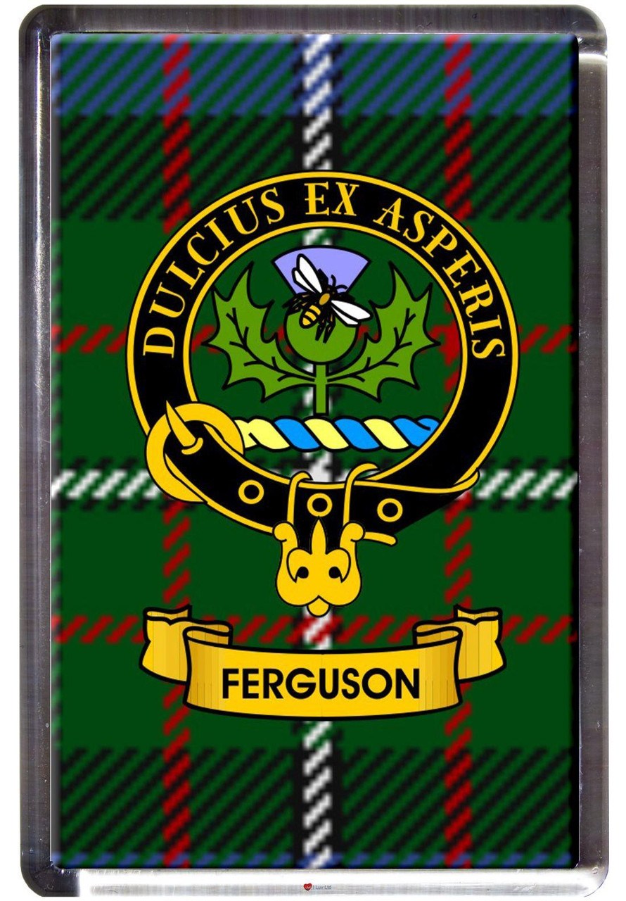Ferguson Clan Tartan Fridge Magnet with Scottish Clan Crest on Clear Acrylic Rectangular Base