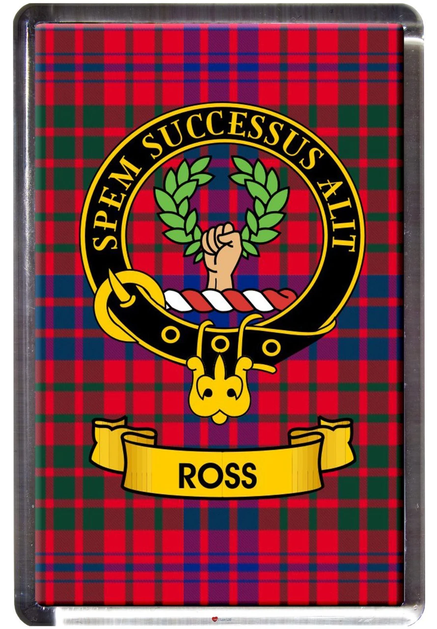 Ross Clan Tartan Fridge Magnet with Scottish Clan Crest on Clear Acrylic Rectangular Base