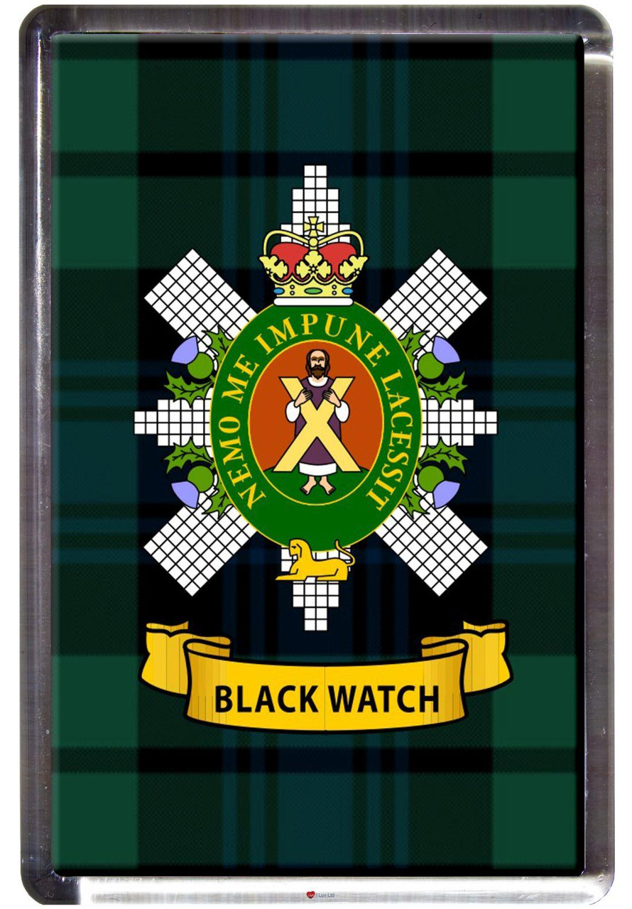 Black Watch Clan Tartan Fridge Magnet with Scottish Clan Crest on Clear Acrylic Rectangular Base