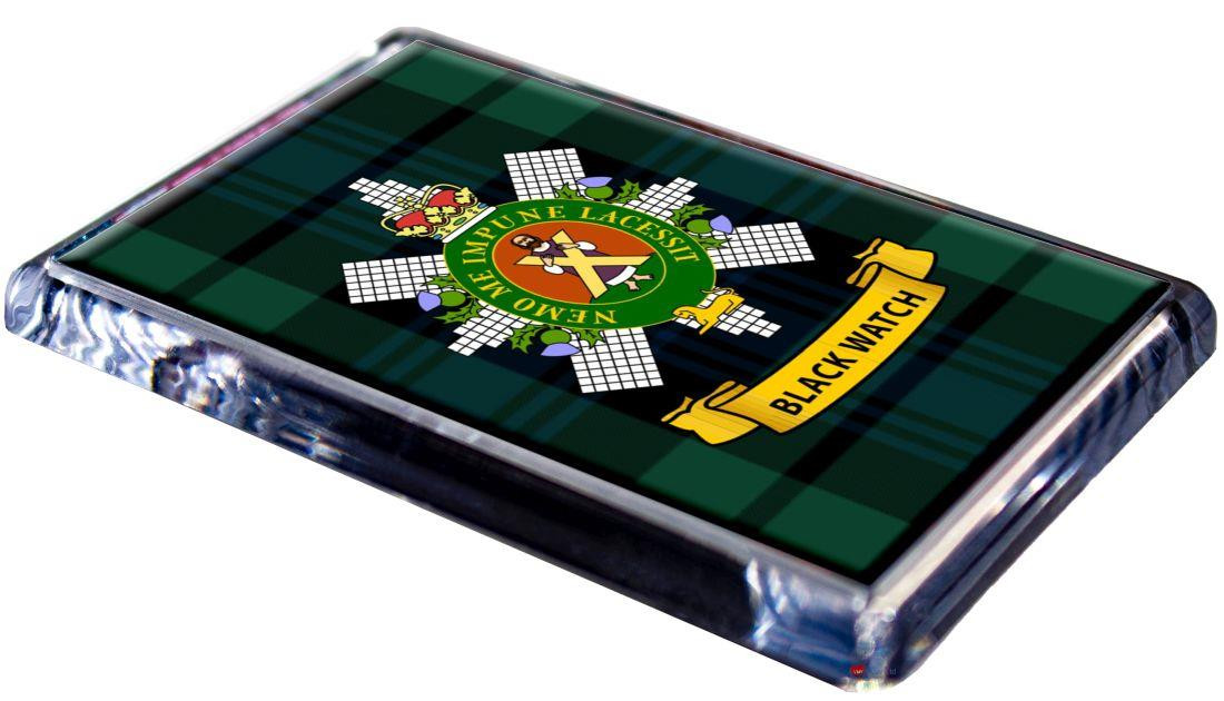 Black Watch Clan Tartan Fridge Magnet with Scottish Clan Crest on Clear Acrylic Rectangular Base