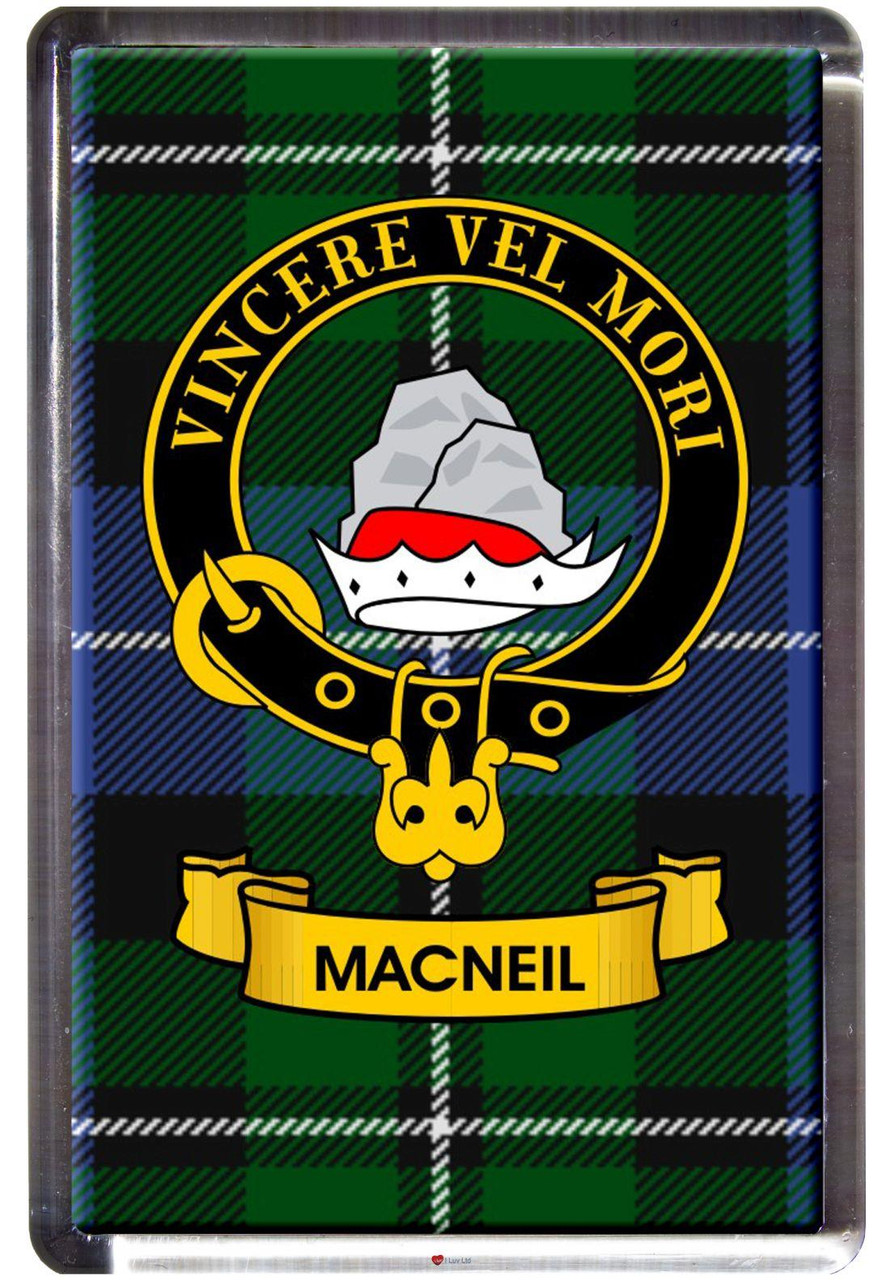 MacNeil Clan Tartan Fridge Magnet with Scottish Clan Crest on Clear Acrylic Rectangular Base