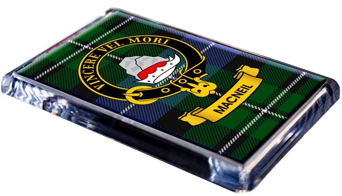 MacNeil Clan Tartan Fridge Magnet with Scottish Clan Crest on Clear Acrylic Rectangular Base