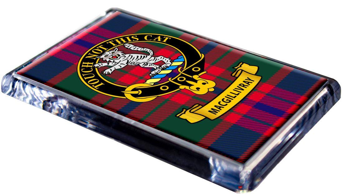 MacGillivray Clan Tartan Fridge Magnet with Scottish Clan Crest on Clear Acrylic Rectangular Base