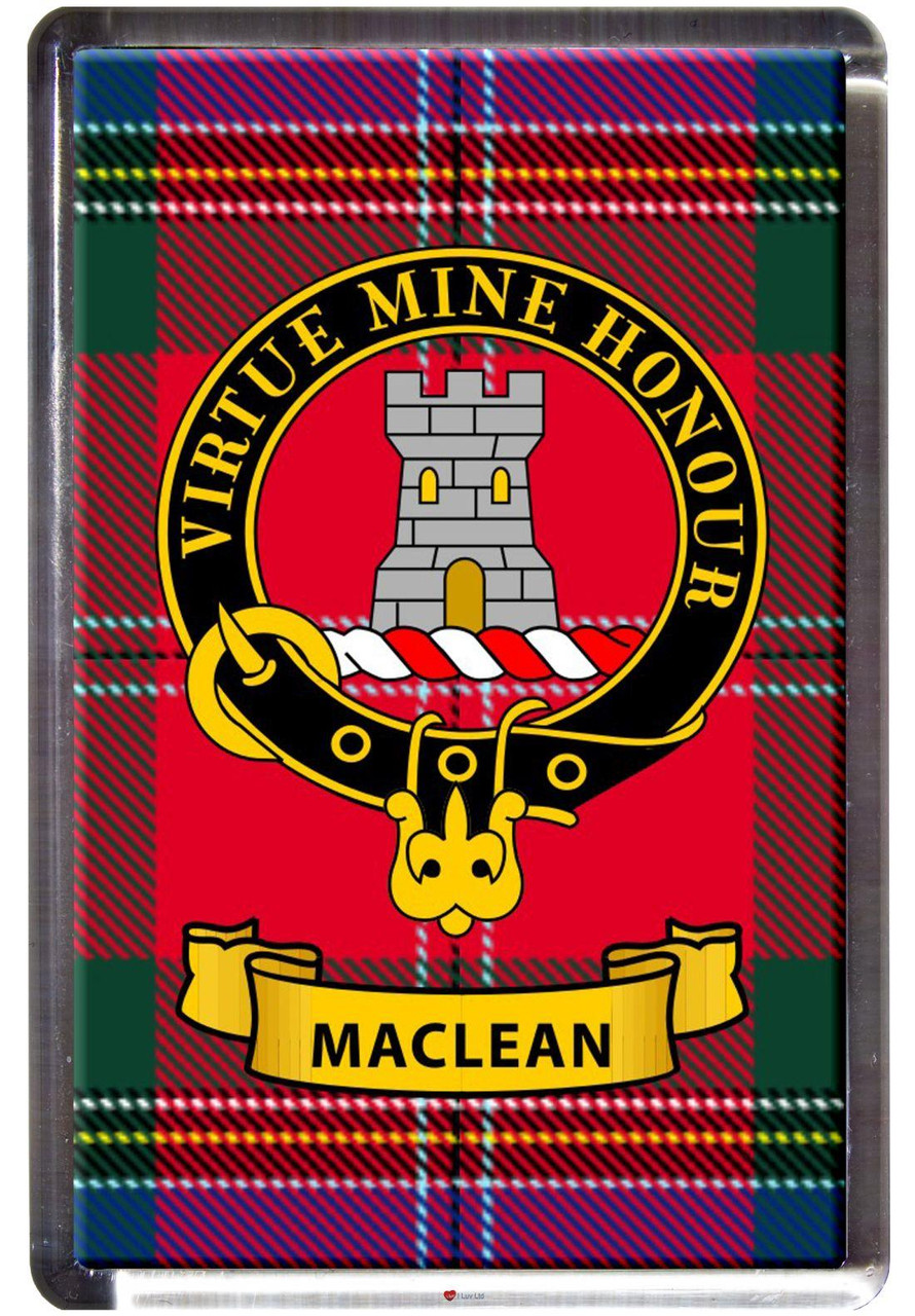 MacLean Clan Tartan Fridge Magnet with Scottish Clan Crest on Clear Acrylic Rectangular Base
